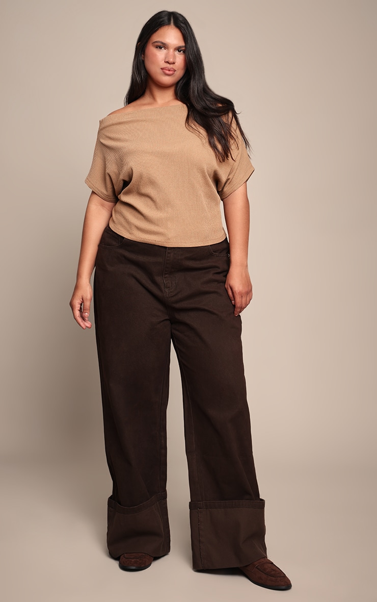 Plus Tan Thick Rib Asymmetric Slouchy Long Top image 3