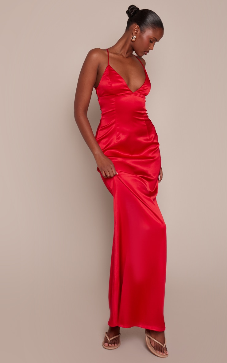 Robe longue satinée rouge à nouer dans le dos image 3