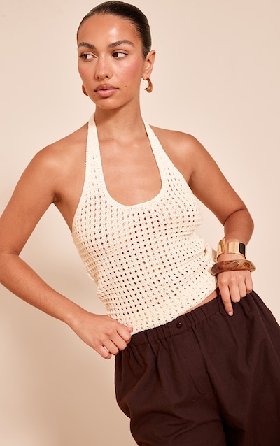 Top en maille style crochet crème à dos nu