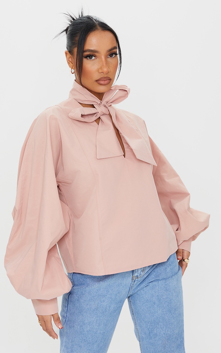 Nude Woven Plunge Pussy Bow Blouse