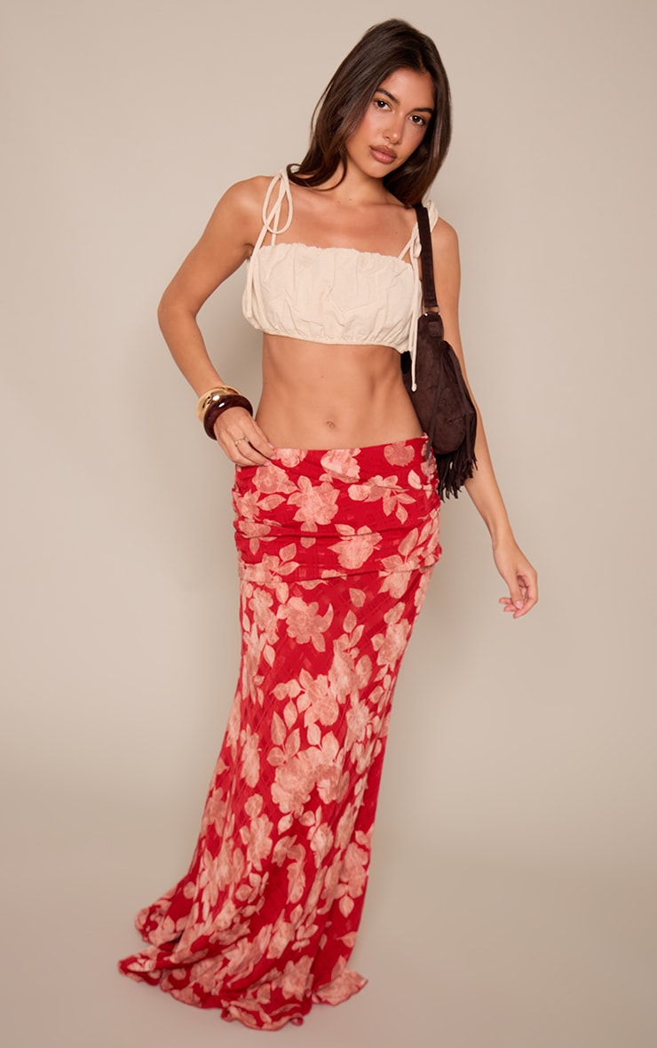 Red Floral Chiffon Drape Maxi Skirt