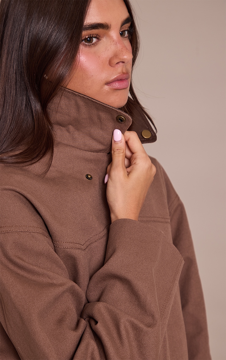 Chocolate PU Collar Twill Oversized Trucker Jacket image 4