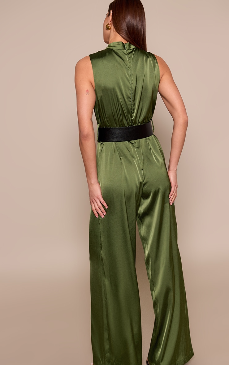 Khaki Satin High Neck Belt Detail Wide Leg Jumpsuit image 2