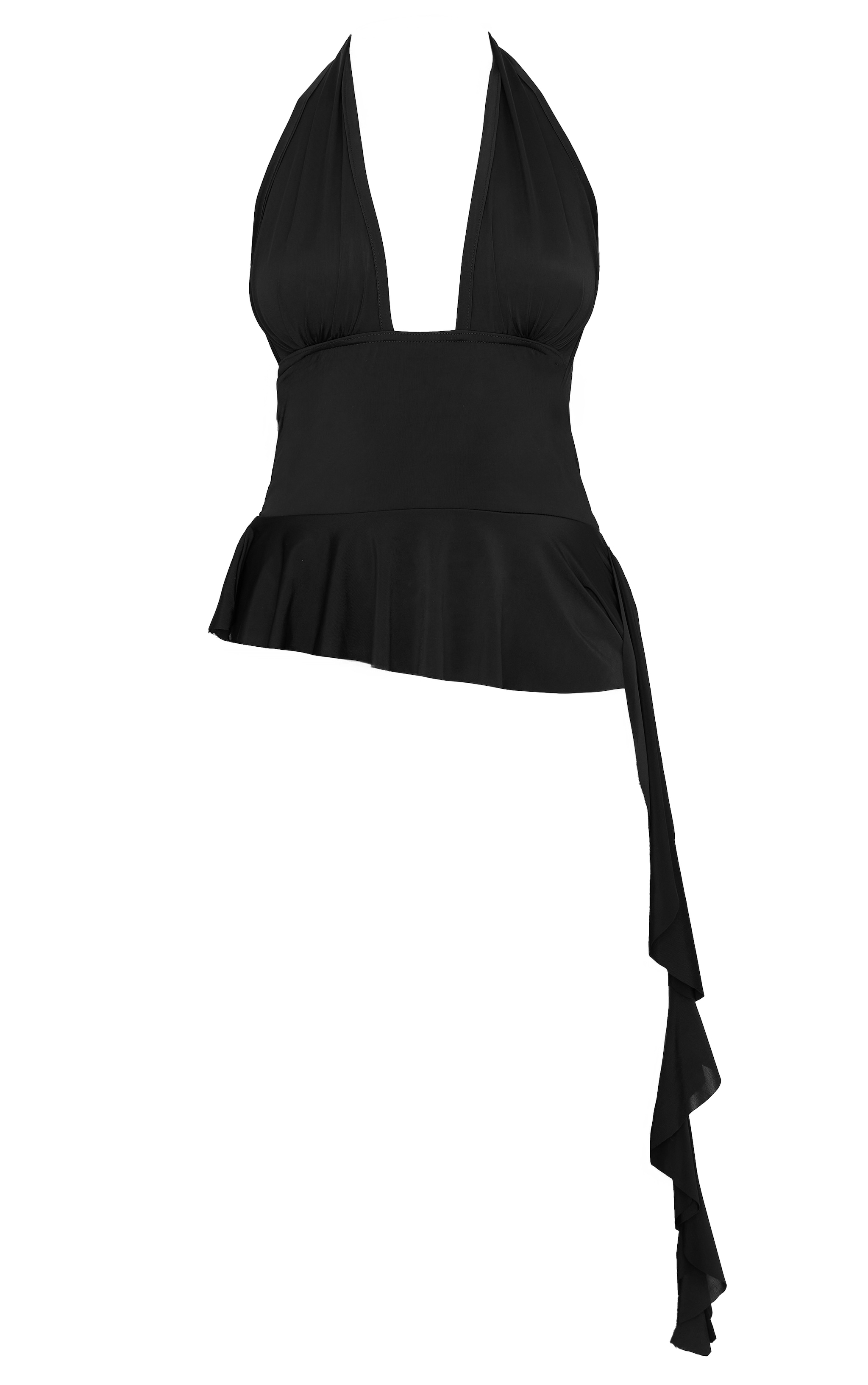 Black Slinky Ruffle Detail Halterneck Long Top image 1