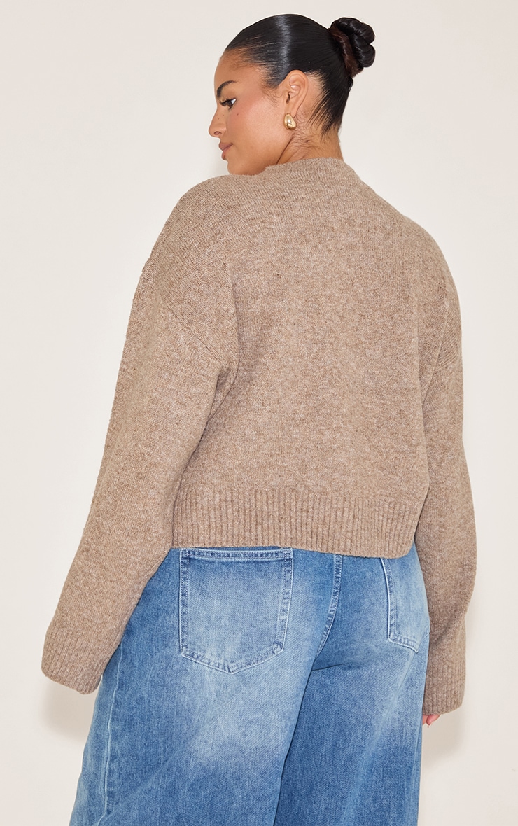 Plus Taupe Knit High Neck Crop Jumper image 2