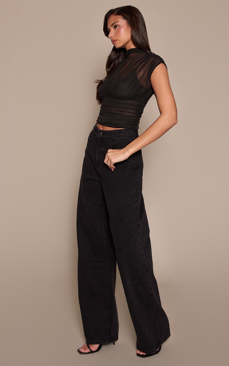 Black Mesh High Neck Waist Detail Top  image 3