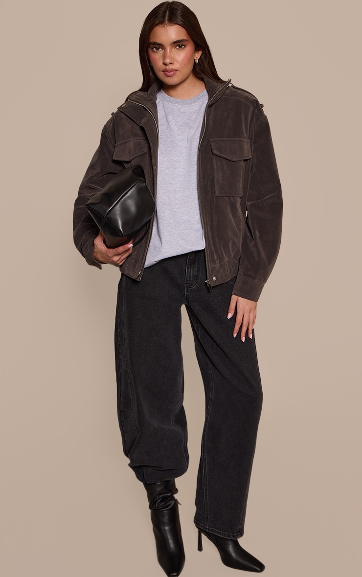 Dark Grey Funnel Neck Pocket Detail Faux Suede Bomber  image 3