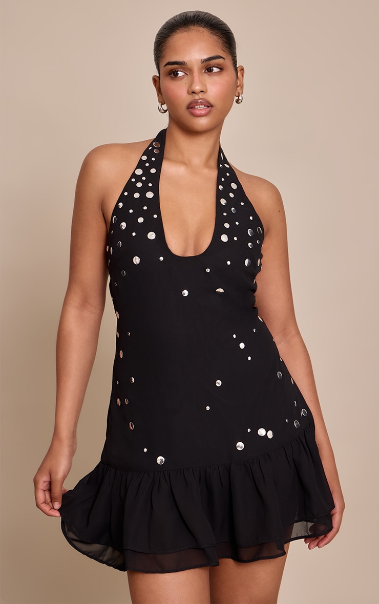 Petite Black Ruffle Stud Detail Halterneck Dress image 1