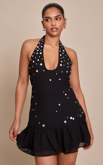 Petite Black Ruffle Stud Detail Halterneck Dress