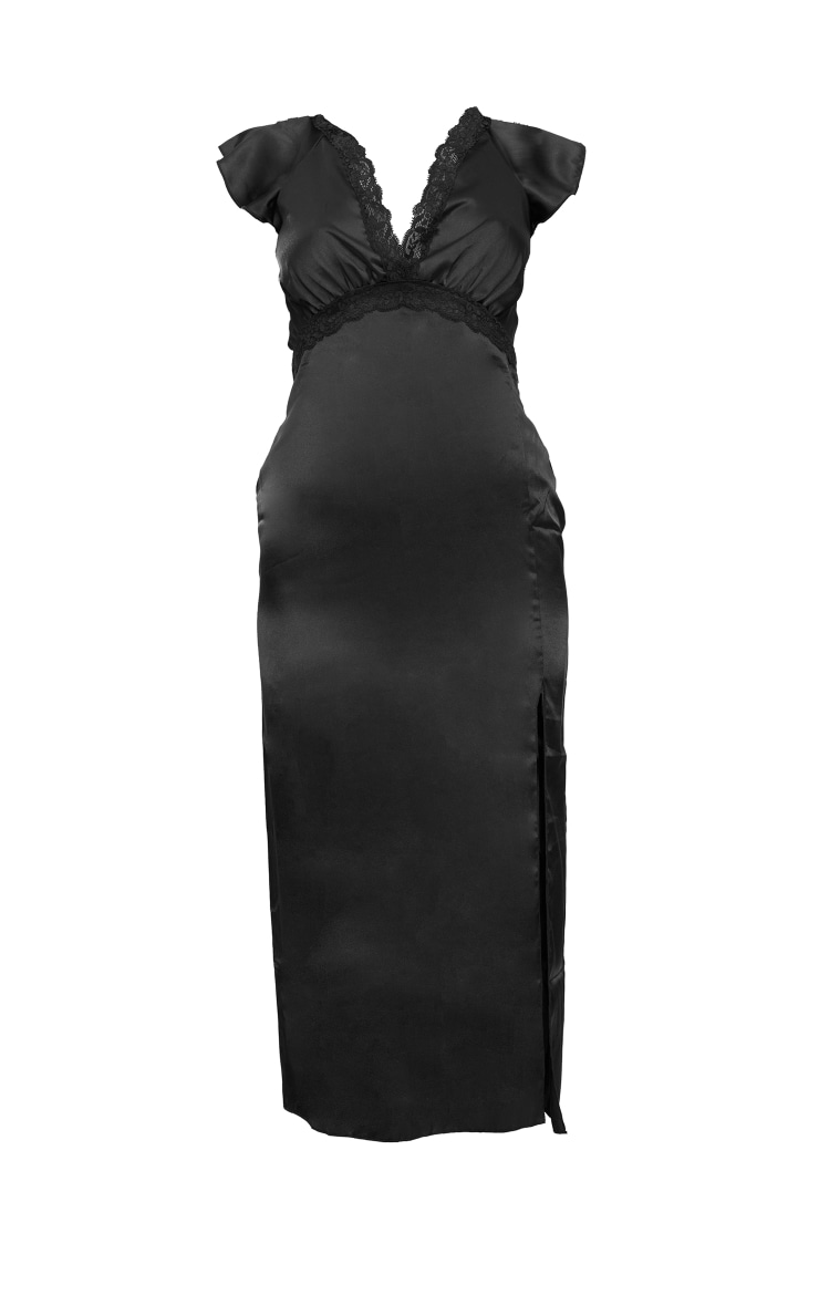 Robe fendue mi-longue satinée noire à mancherons et bordures en dentelle image 5