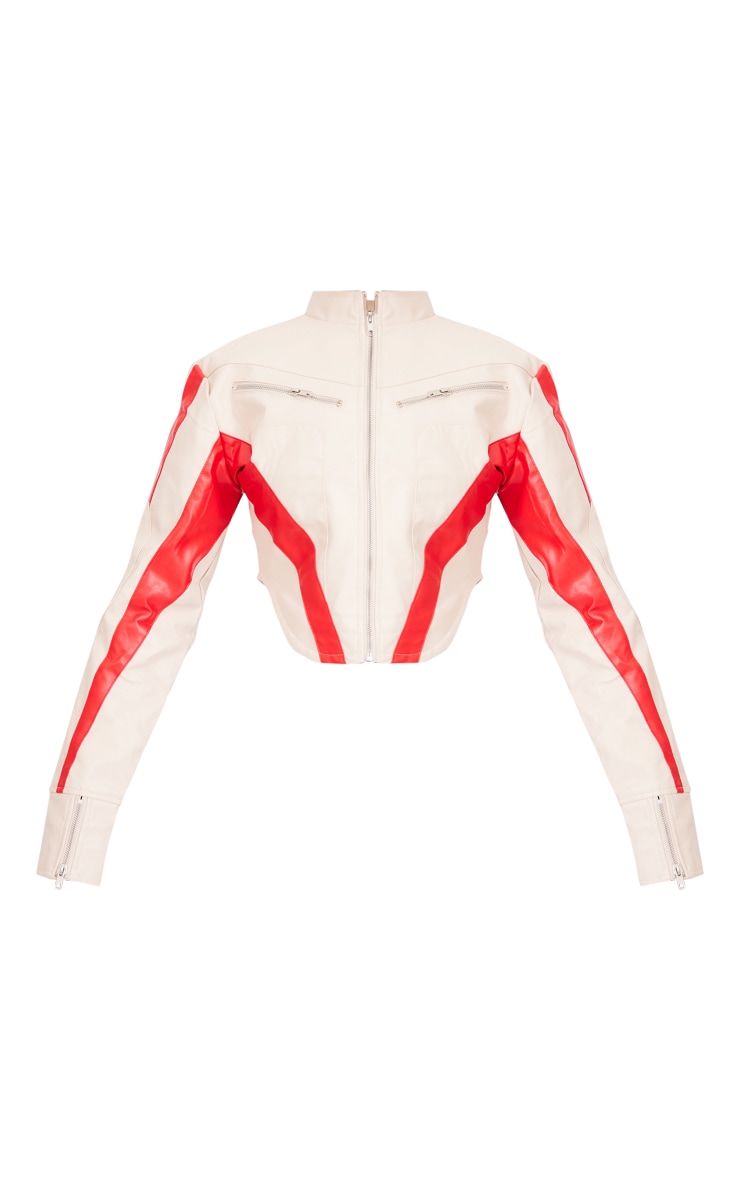 Cream Contrast Panel Detail Dipped Front Faux Leather Jacket image 5