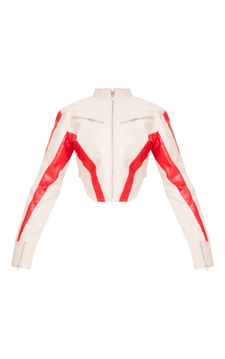 Cream Contrast Panel Detail Dipped Front Faux Leather Jacket image 5