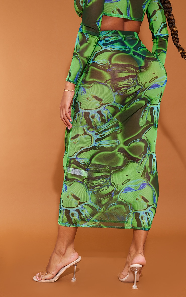 Shape Green Hand Print Sheer Mesh Midaxi Skirt image 3