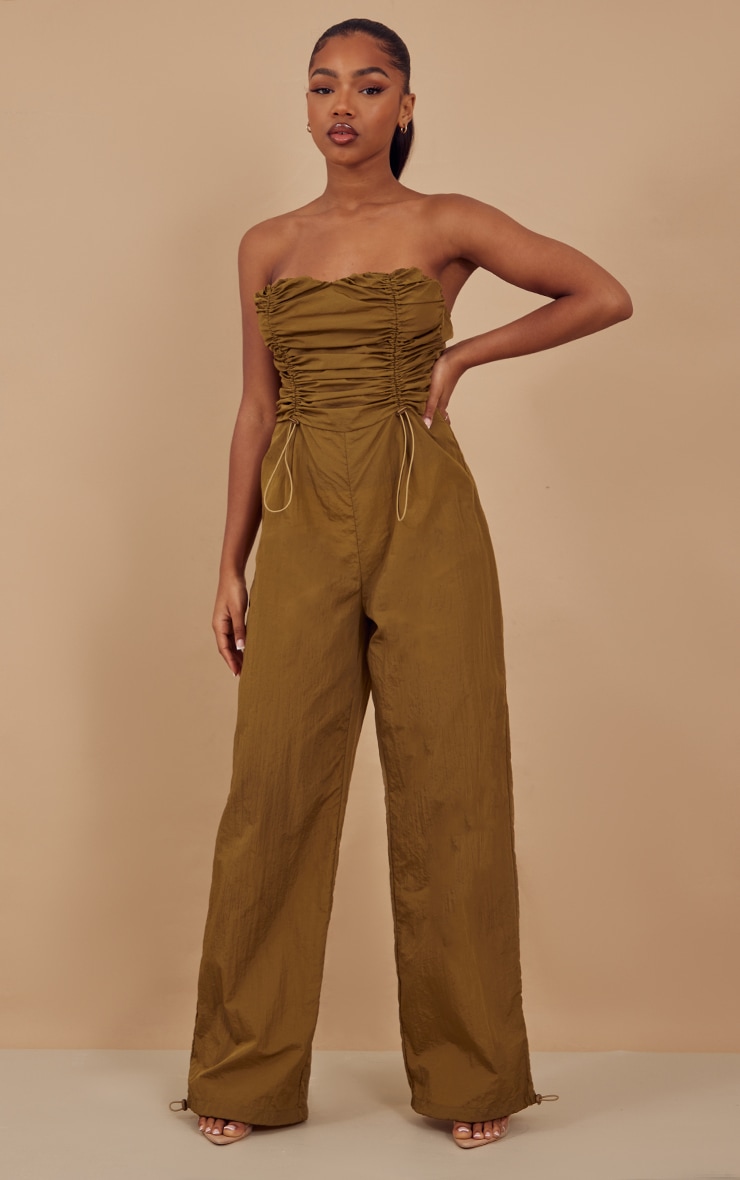 Khaki Ruched Bodice Parachute Bandeau Jumpsuit image 3
