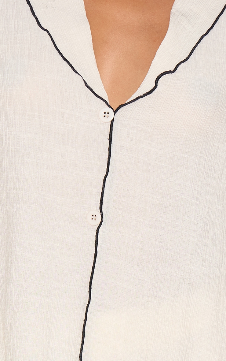 Sand Linen Look Textured Contrast Trim Oversized Shirt image 4