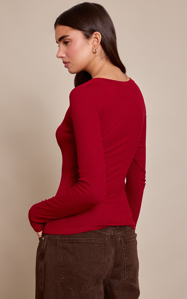 Deep Red Soft Rib Button Up Fitted Long Sleeve Top image 2