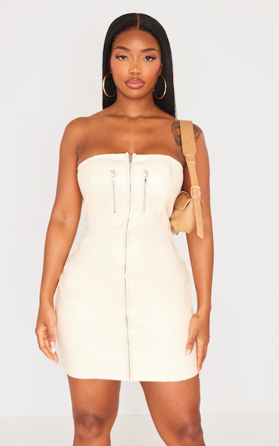Shape Cream Faux Leather Zip Detail Bodycon Dress