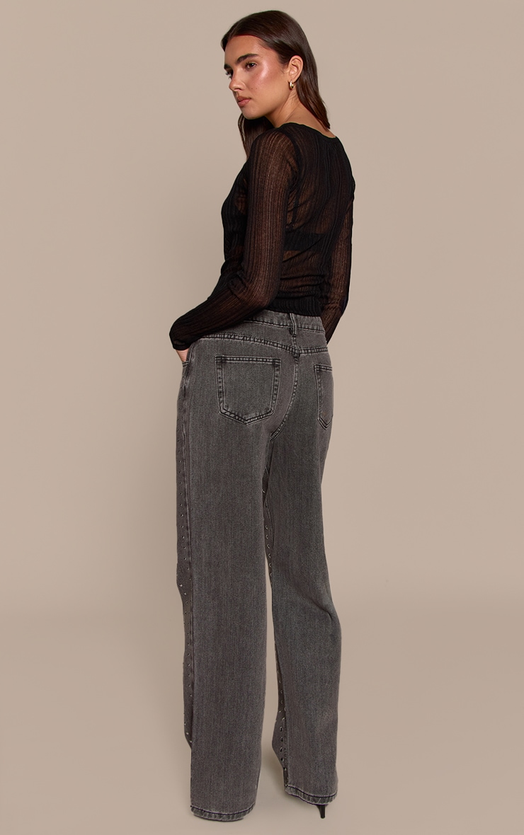 Washed Grey Studded High Waisted Denim Jeans image 3