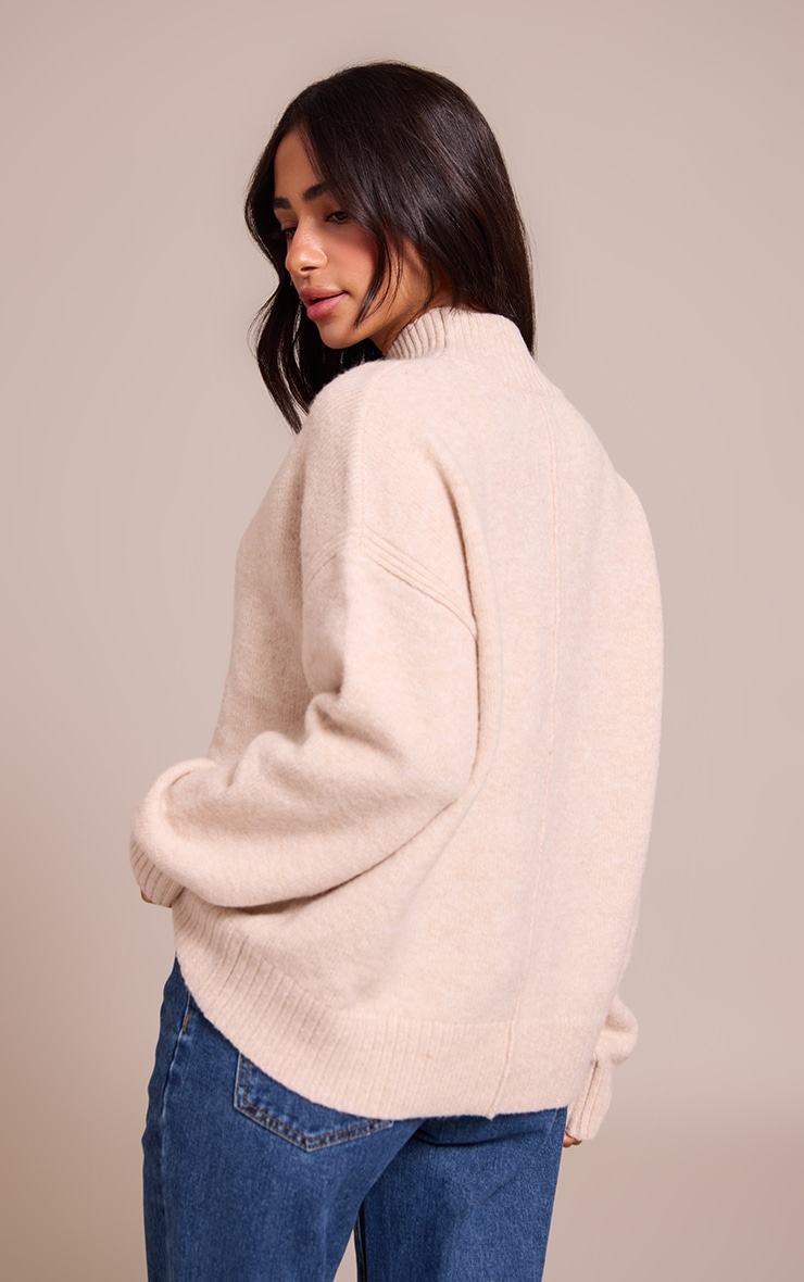 Petite Oatmeal Knit Oversized Polo Neck Sweater image 2