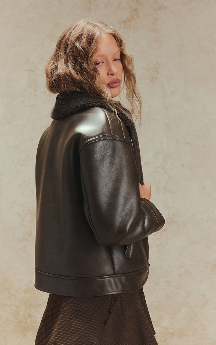 Khaki Borg Collar Faux Leather Aviator Jacket image 2