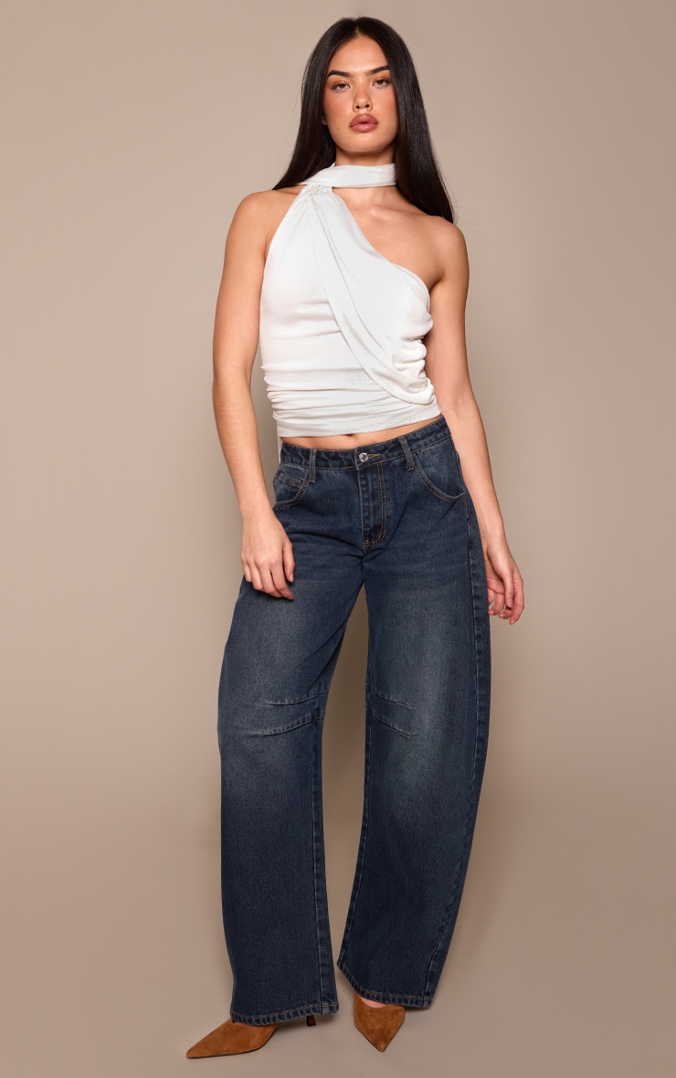 Cream Burnout Mesh Ruched Waist Scarf Detail Top  image 3