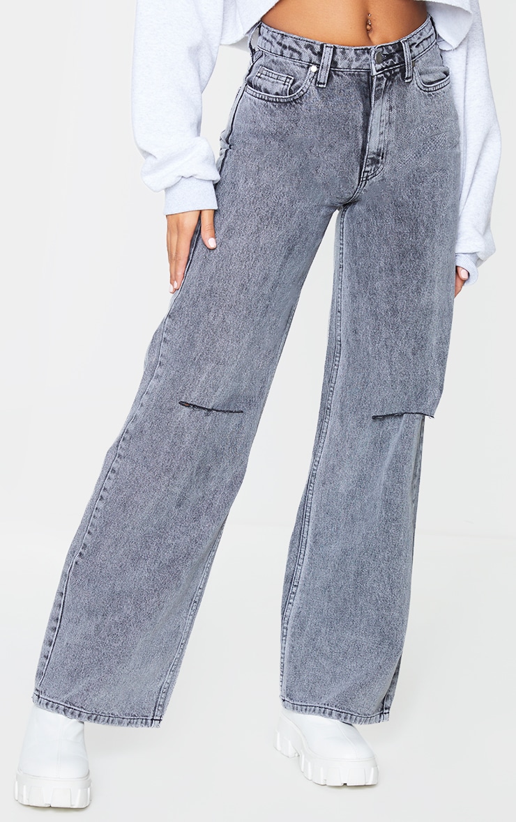 Washed Grey Knee Rip Baggy Wide Leg Jeans image 2