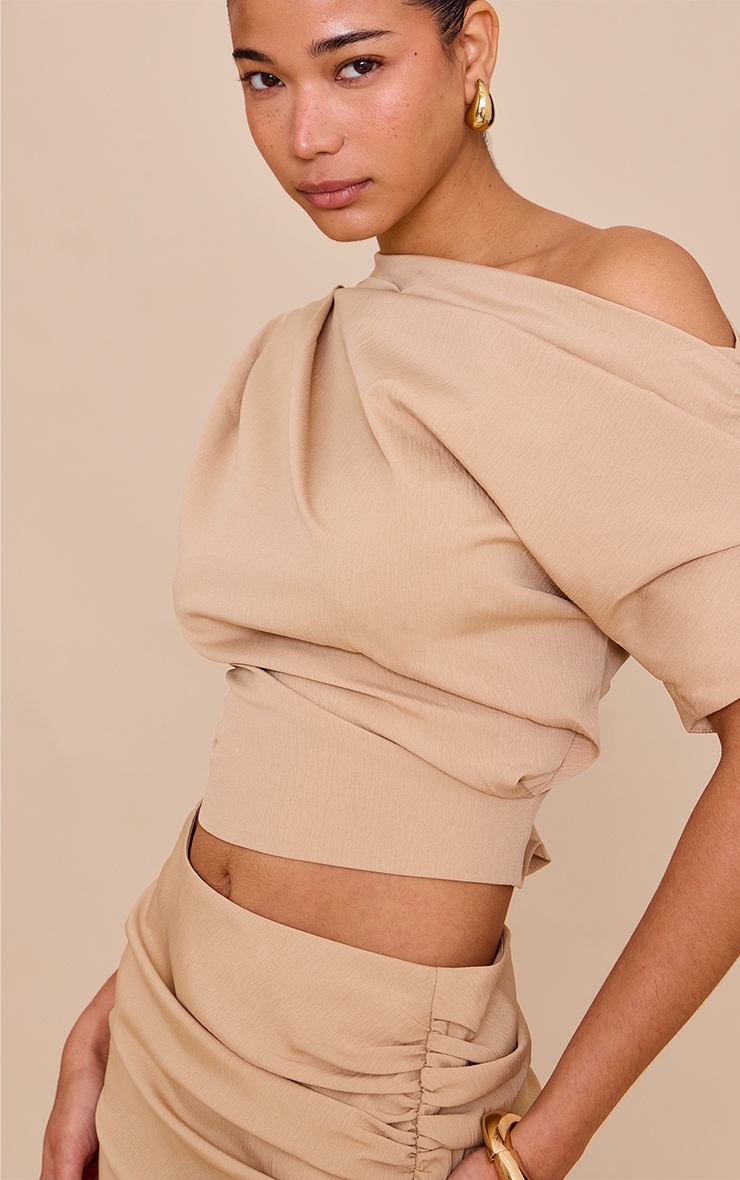 Sand Woven Ruched Asymmetric One Shoulder Top image 4