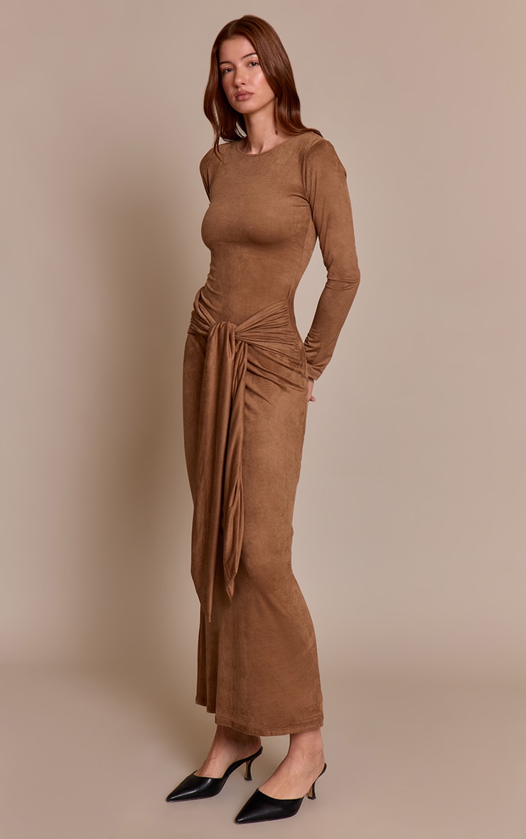 Tan Faux Suede Knot Detail Long Sleeve Maxi Dress image 3