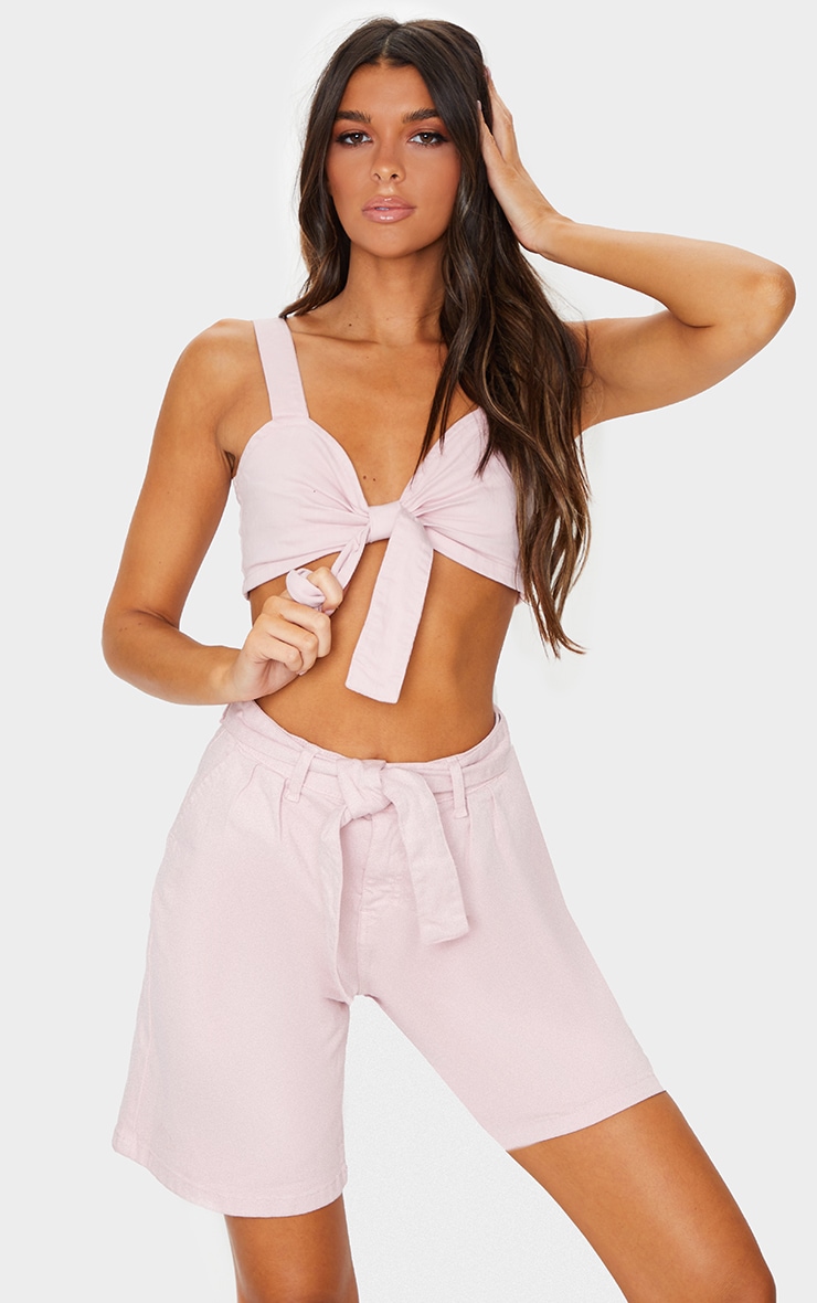 Washed Pink Tie Front Denim Bralet