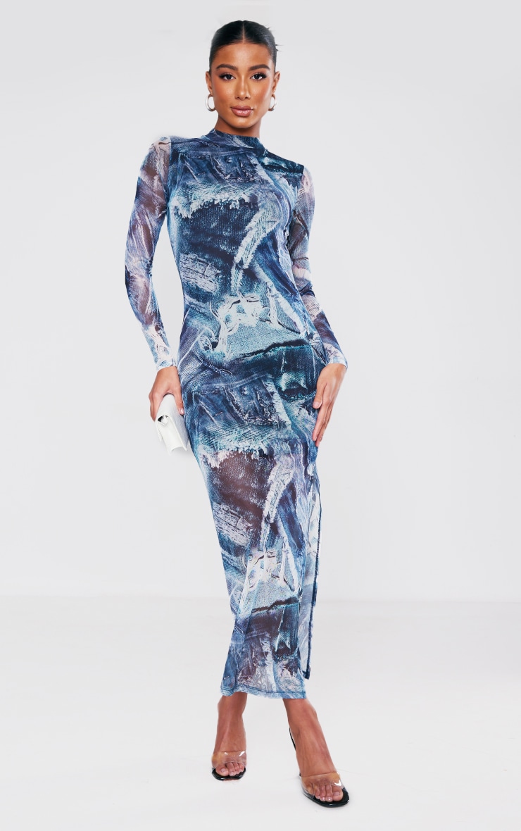 Blue Worn Denim Print Mesh Long Sleeve Midaxi Dress image 1