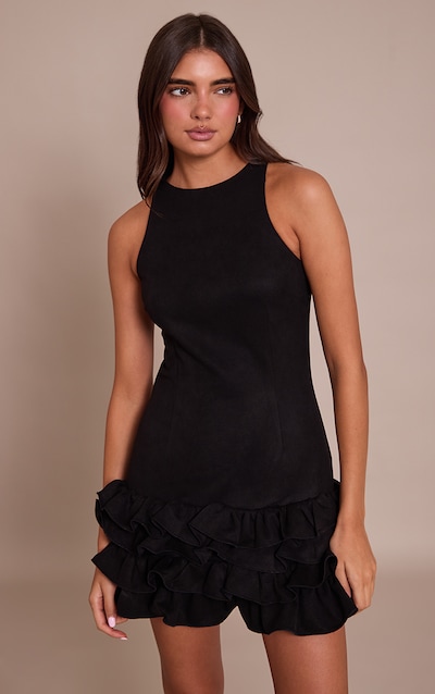 Robe droite en suédine noire à ourlet volanté