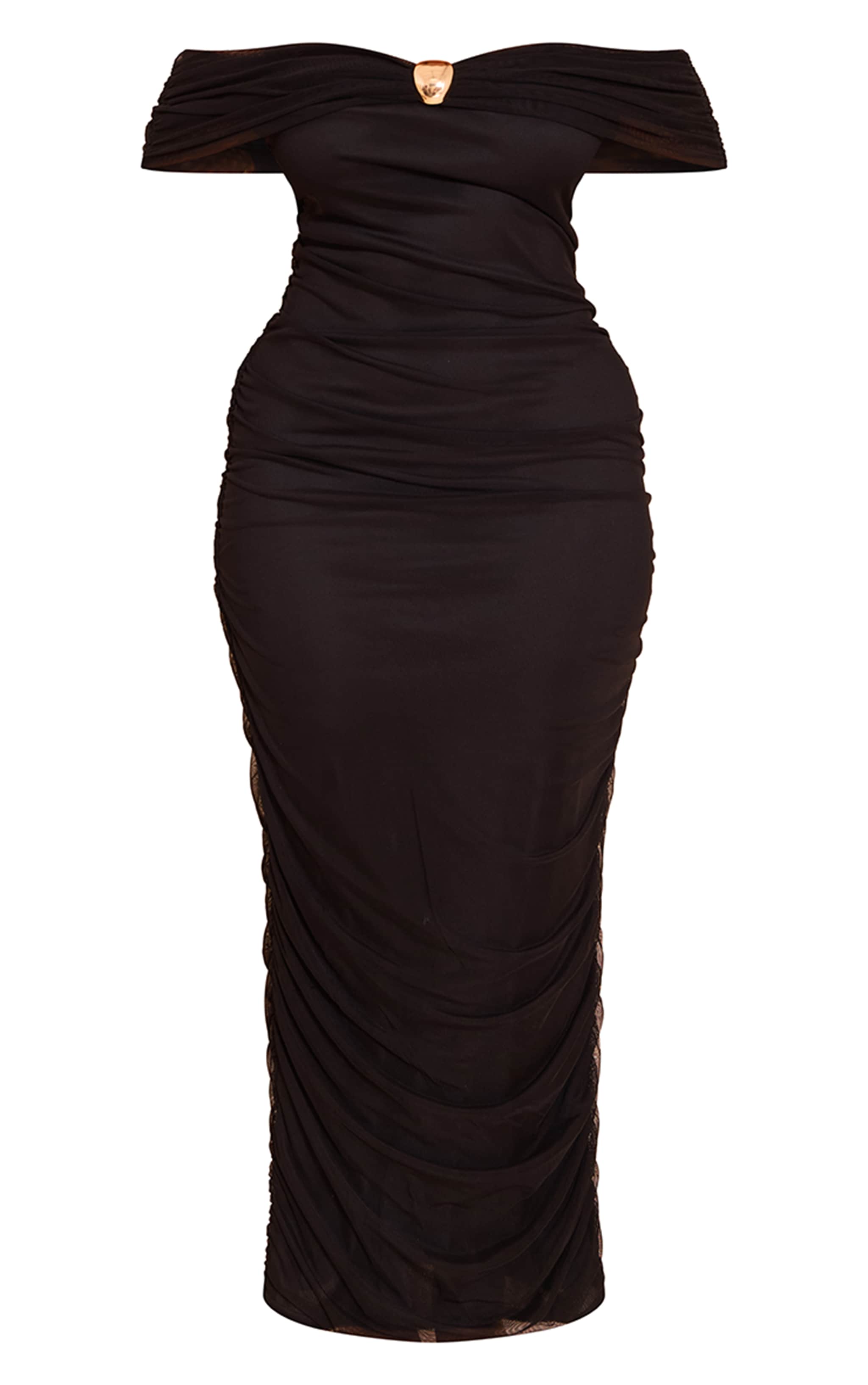 Shape Black Mesh Bardot Gold Trim Ruched Maxi Dress image 5