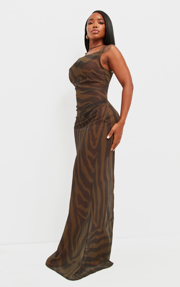 Shape Khaki Zebra Body Print Strappy Cowl Neck Maxi Dress image 3