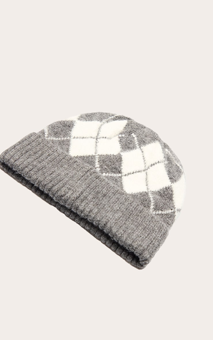 Charcoal Argyle Knitted Fold Over Beanie image 3
