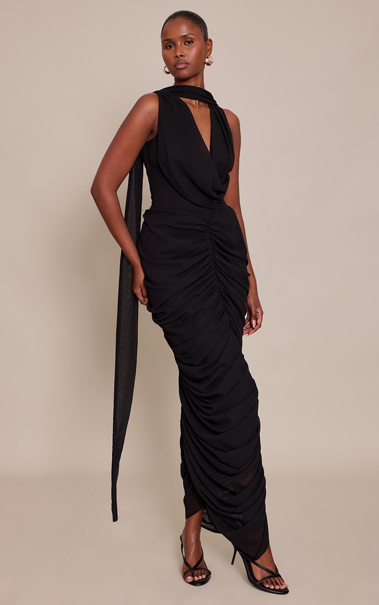 Black Chiffon Scarf Detail Ruched Maxi Dress image 3