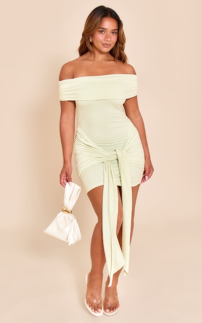 Shape Pale Lime Sculpt Fold Over Bardot Wrap Waist Drape Mini Dress