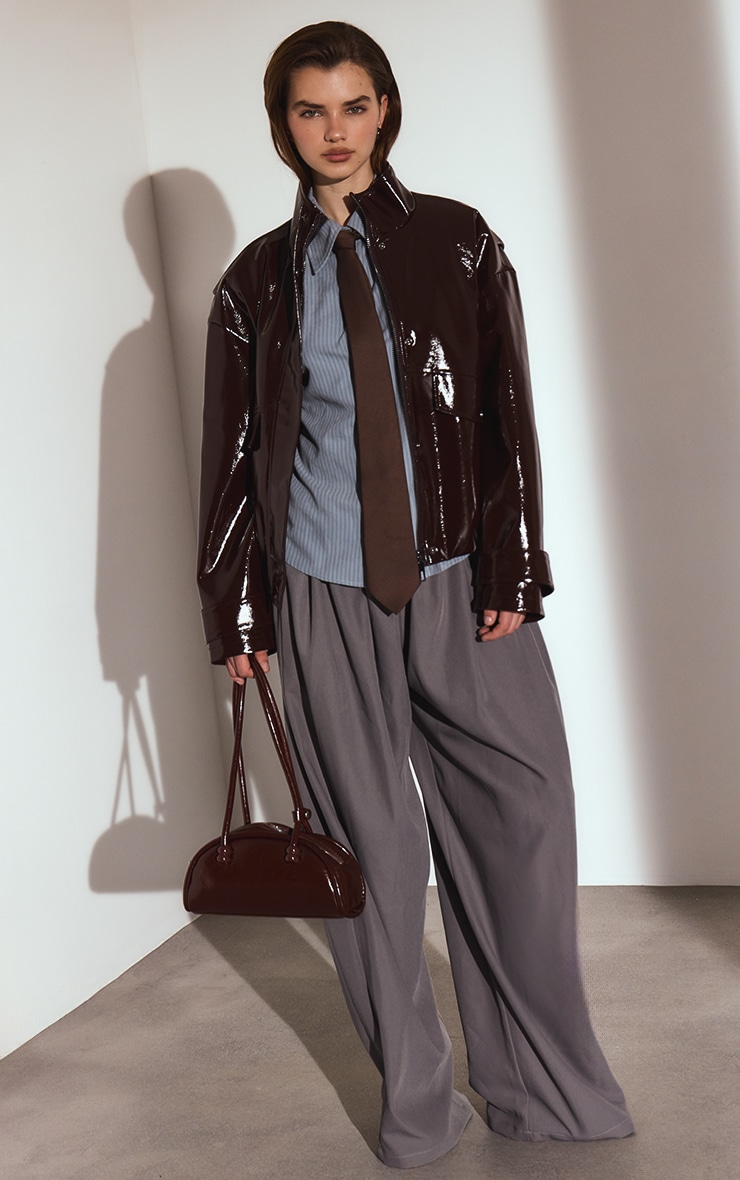 Chocolate High Shine Funnel Neck Jacket image 3