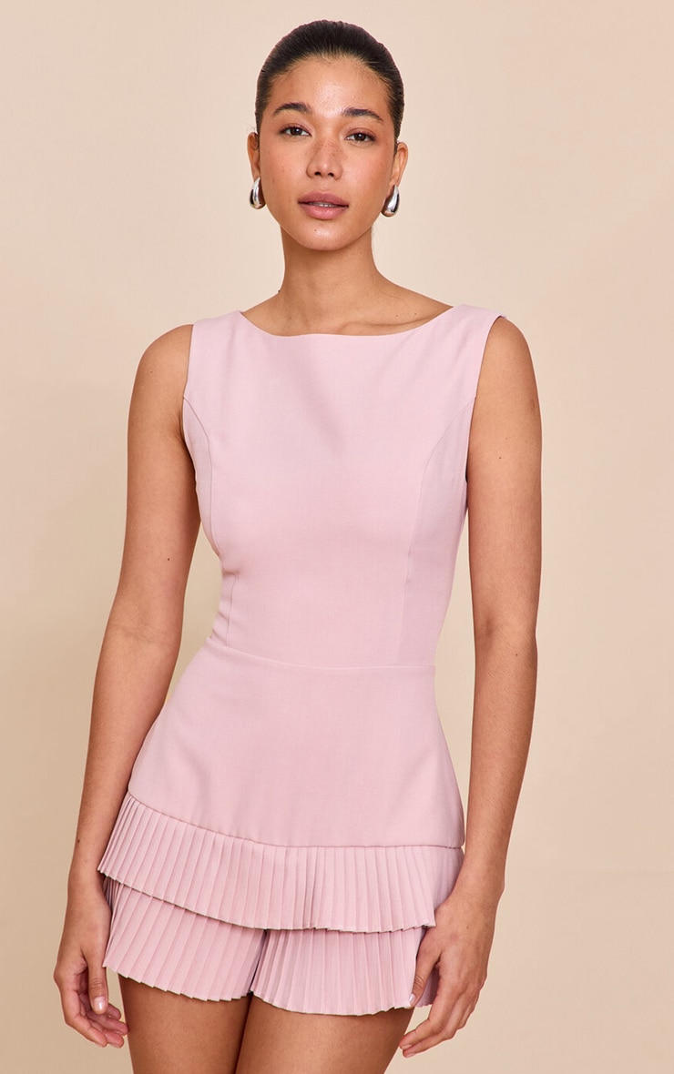  Baby Pink Woven Boat Neck Ruffle Detail Playsuit image 1