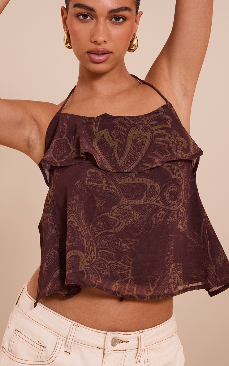 Brown Paisley Print Chiffon Halter Cami Top image 4