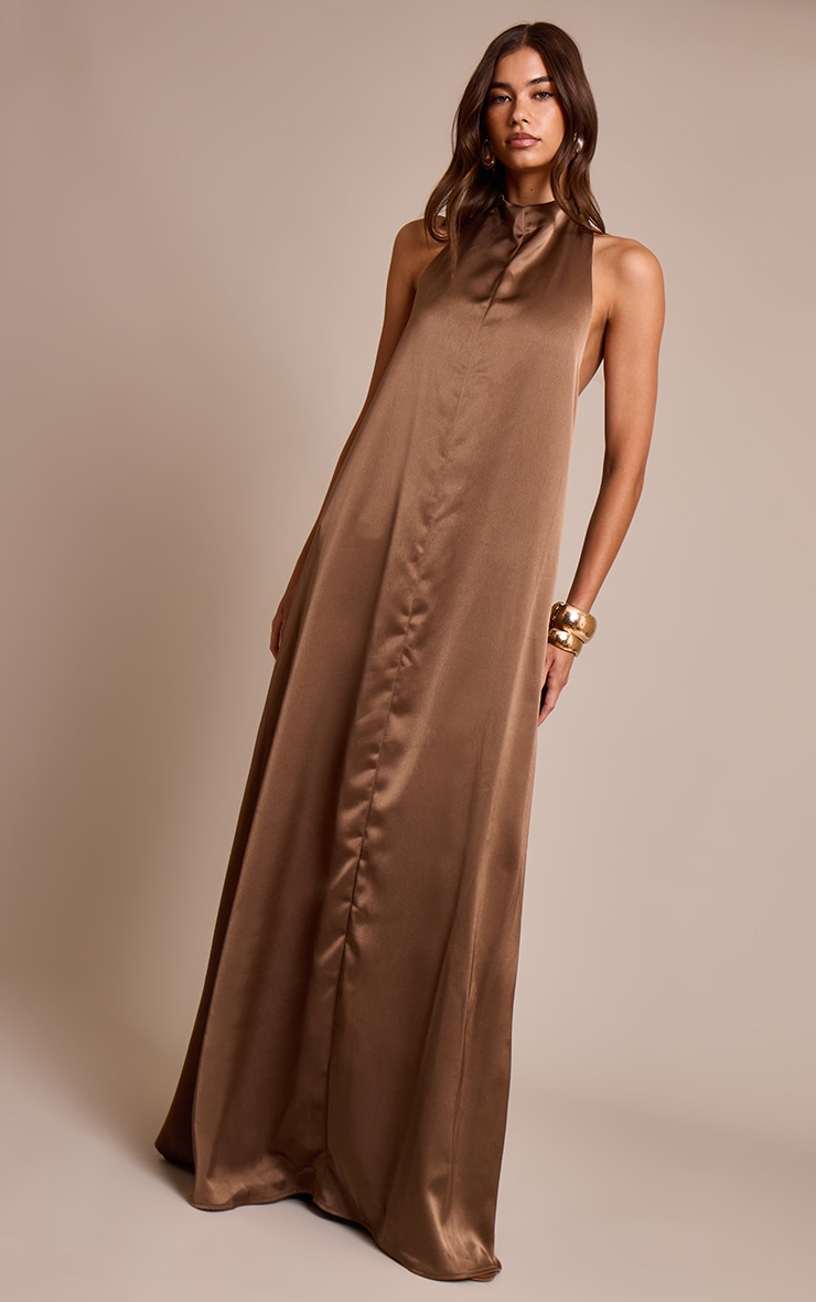 Chocolate Satin High Neck Scoop Extreme Low Back Maxi Dress image 1