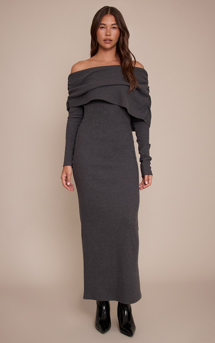 Robe longue côtelée gris anthracite à col bardot oversize replié