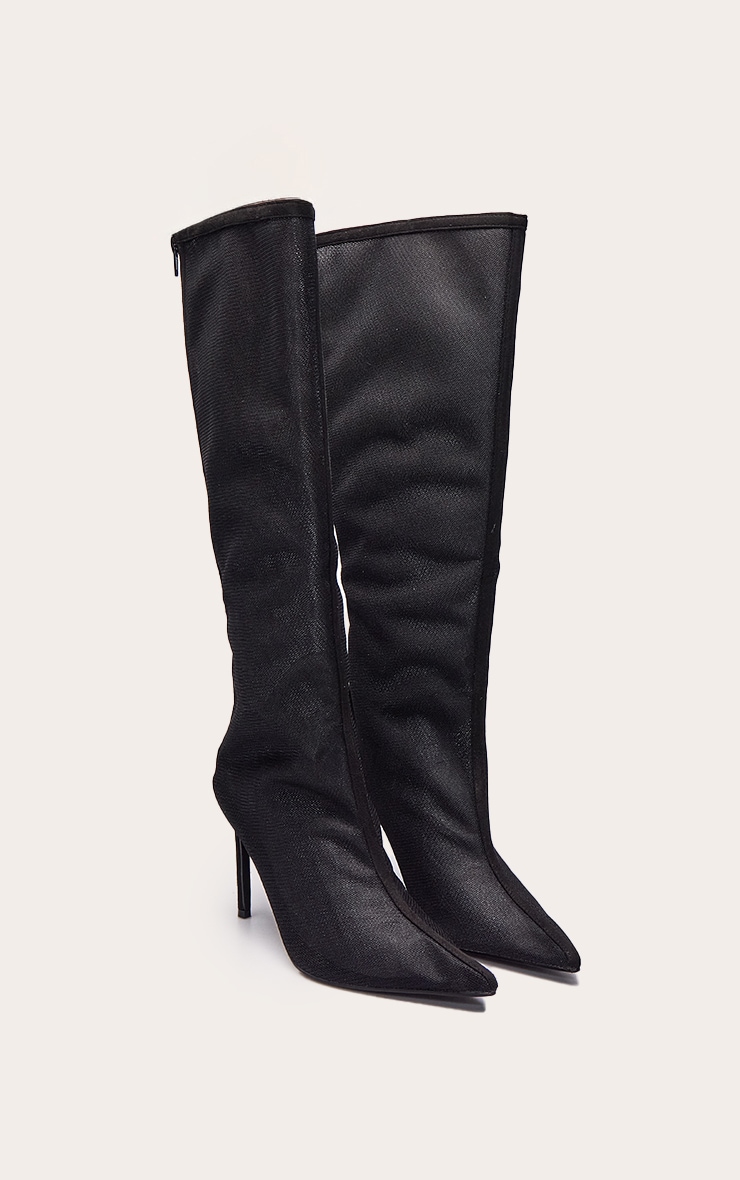 Black Mesh Heeled Knee High Boot image 3