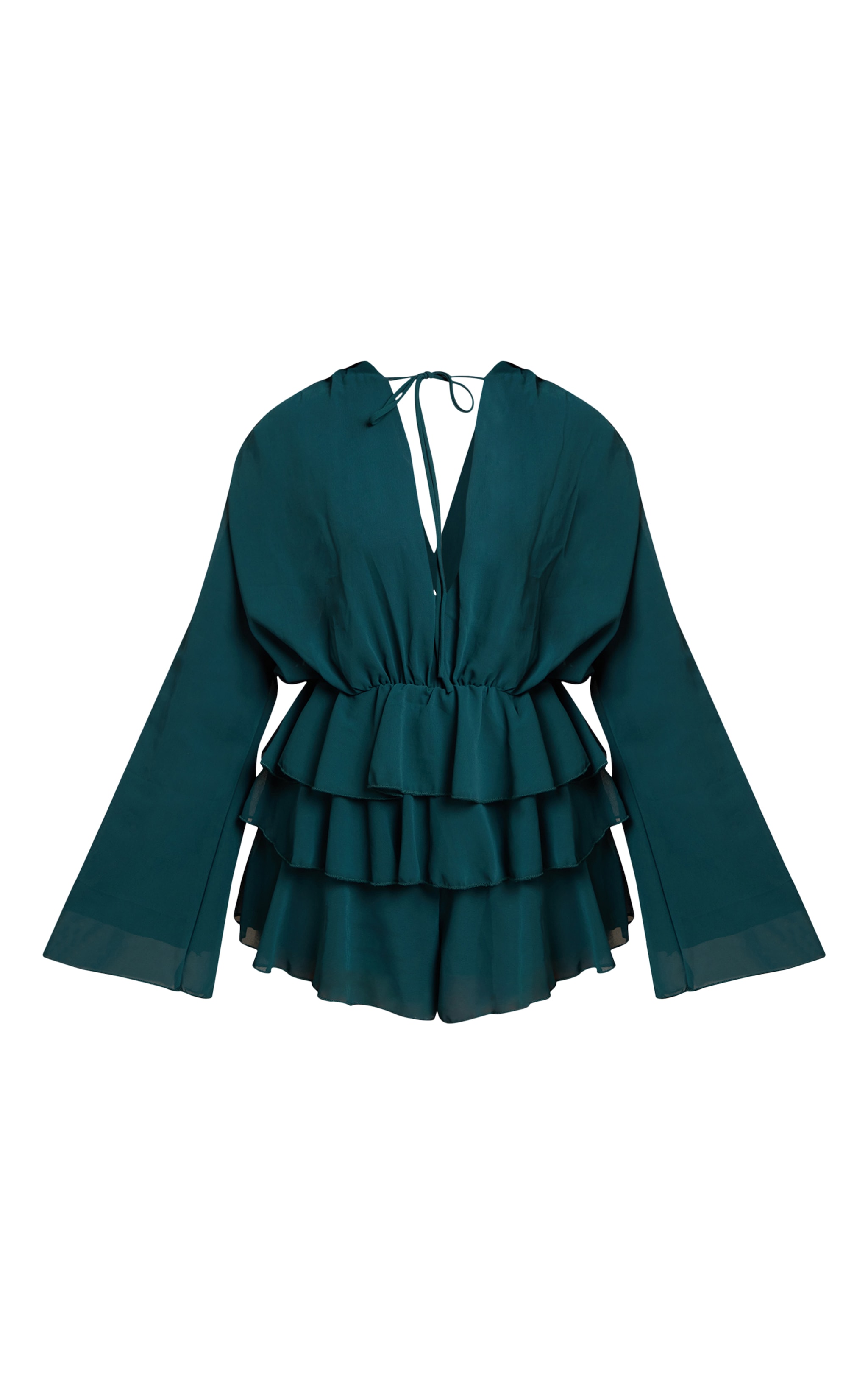 Petite Teal Ruffle Detail Long Sleeve Tie Neck Playsuit image 5