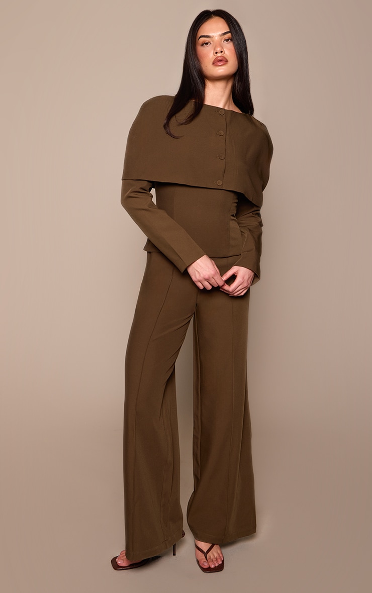 Chocolate Tailored Woven Button Down Long Sleeve Jumpsuit