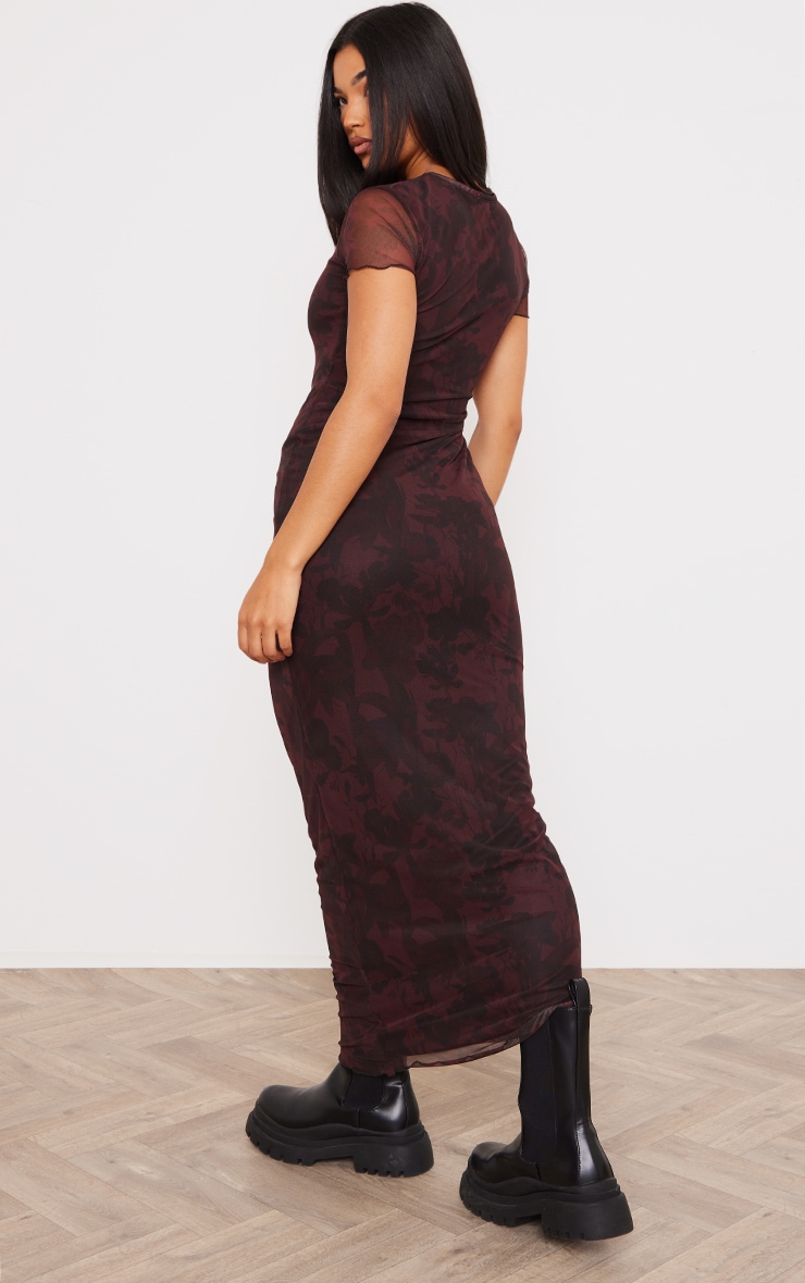 Burgundy Floral Print Mesh Short Sleeve Maxi Dress image 2
