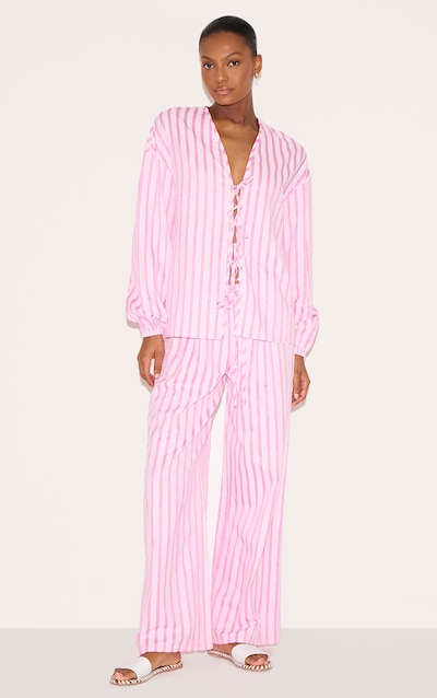 Pink Striped Textured Tie Drawstring Wide Leg Pants