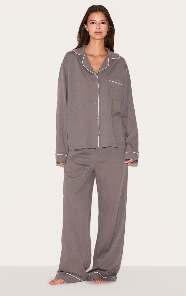 Charcoal Jersey Piping Long Pj Set image 1