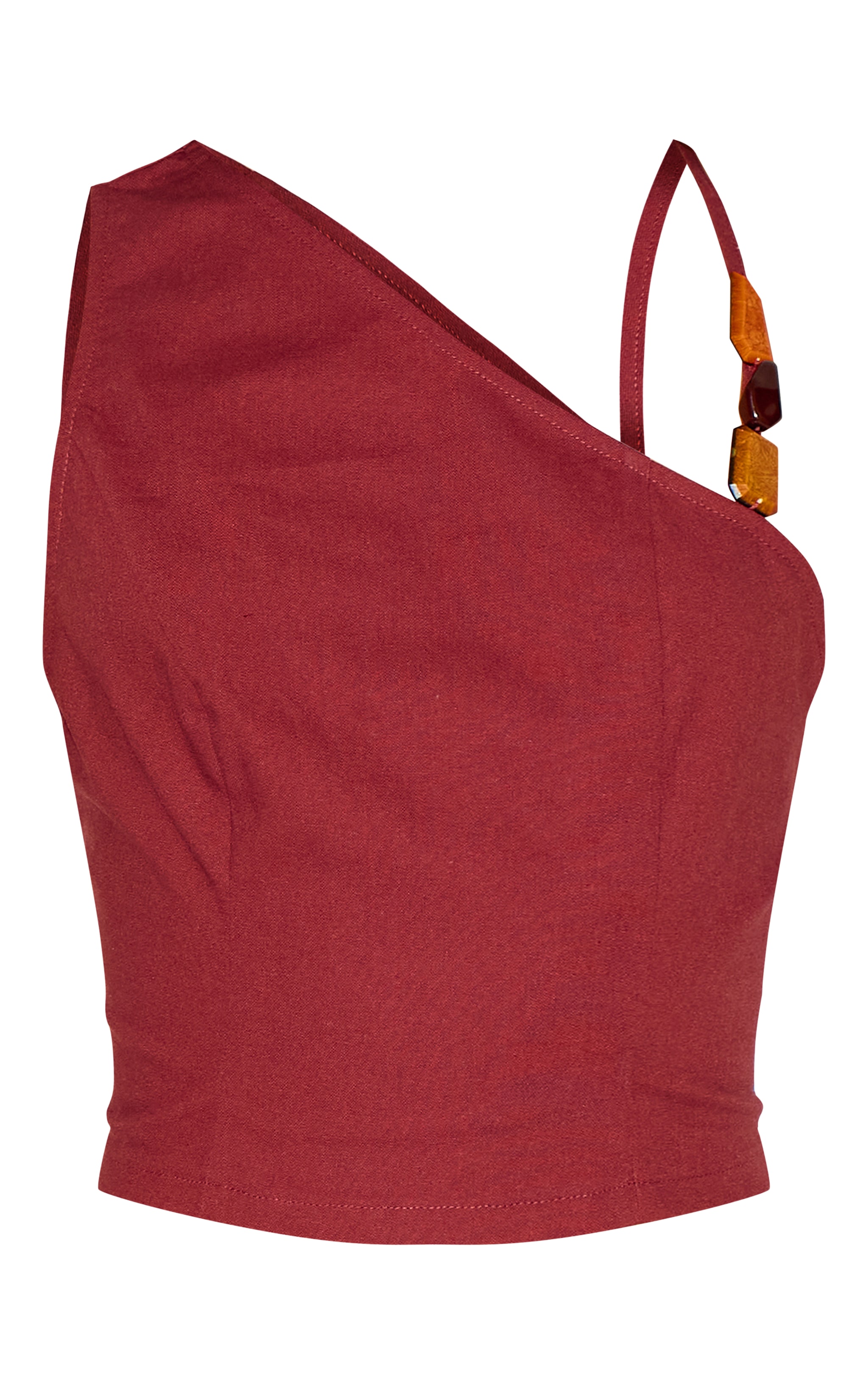 Rust Linen Look Asymmetric Beaded Crop Top image 5