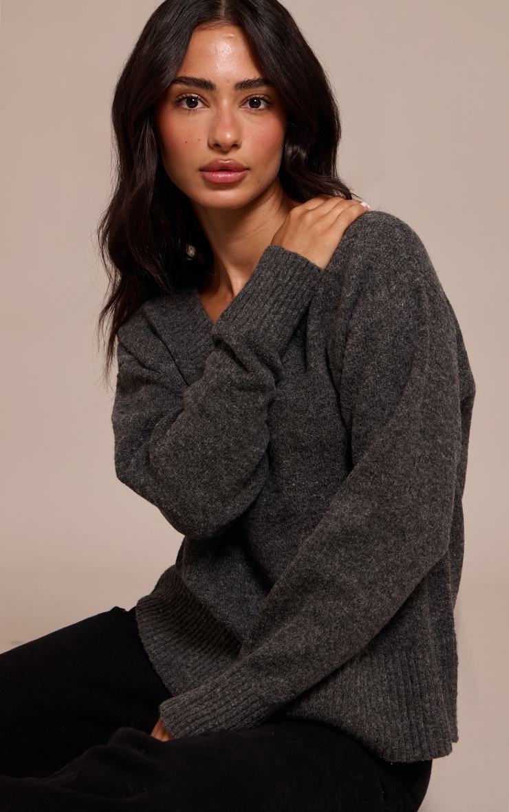 Petite Charcoal Knit V-neck Sweater image 1