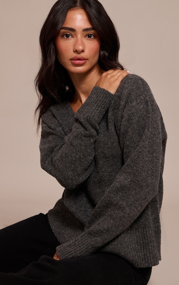 Petite Charcoal Knit V-neck Sweater